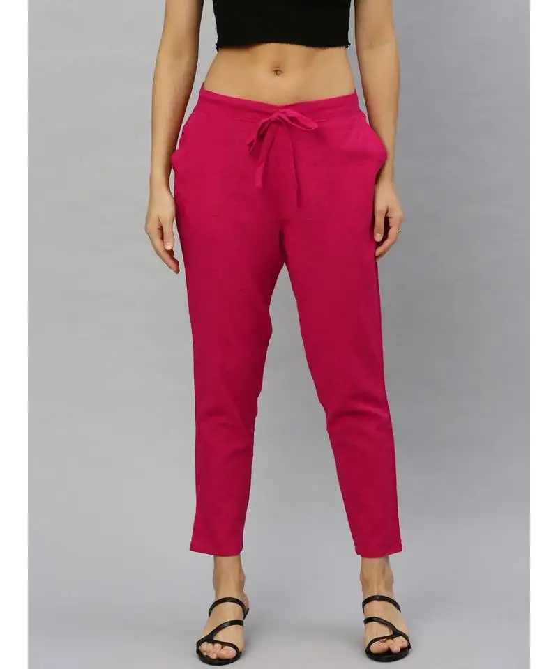 Solid cotton slub straight trouser pant