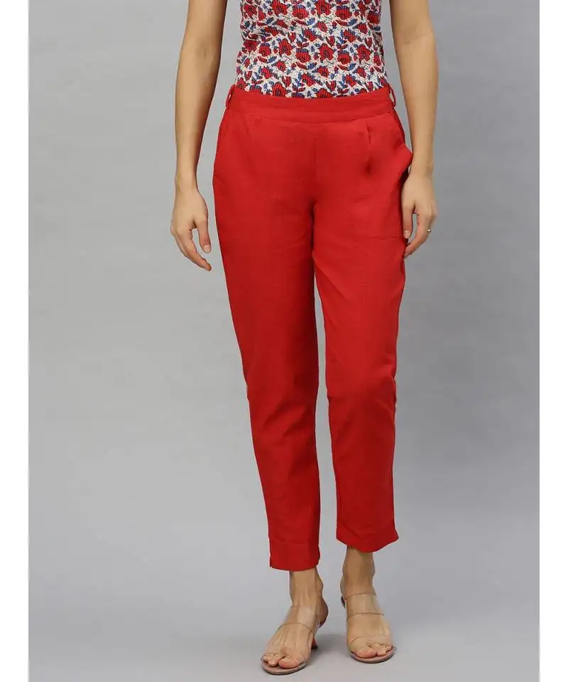 Cotton slub solid regular fit casual trouser pants