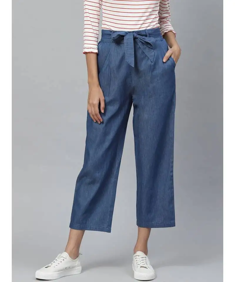 Denim mid-rise culottes with waist tie-up