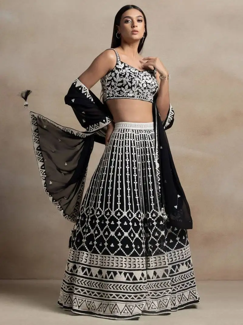 Black thread work georgette lehenga choli