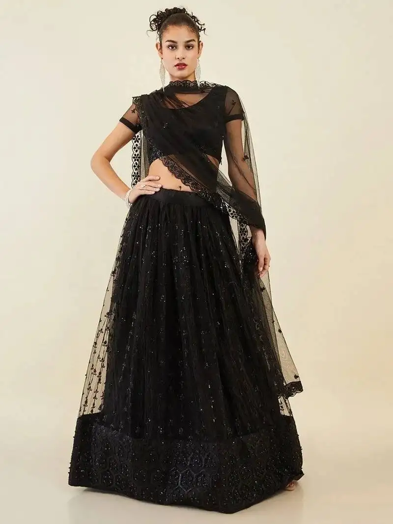 Ravishing black sequins net reception wear lehenga choli with dupatta