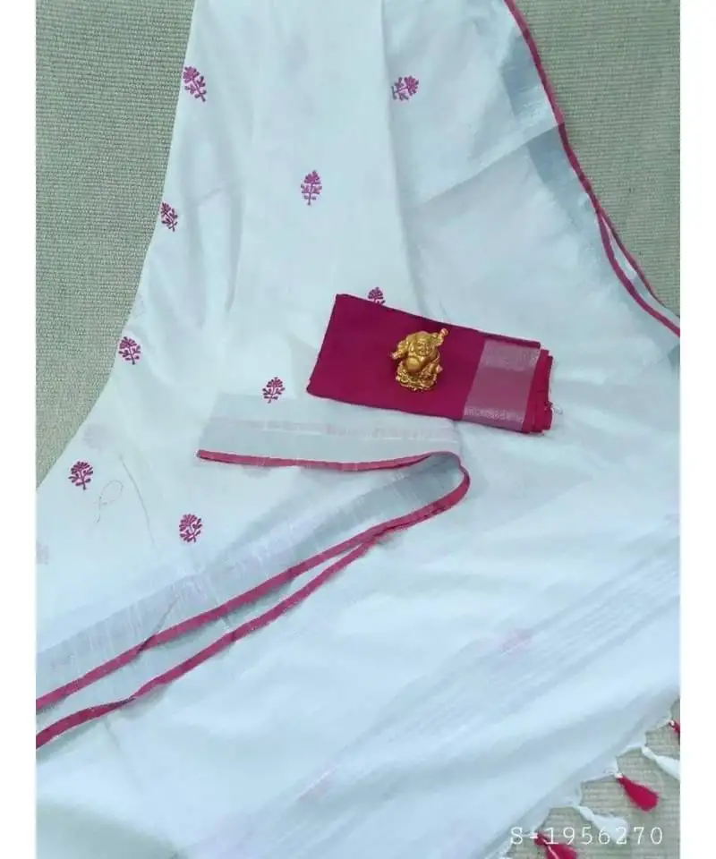 White ?handcrafted linen saree with small flower embroidery work