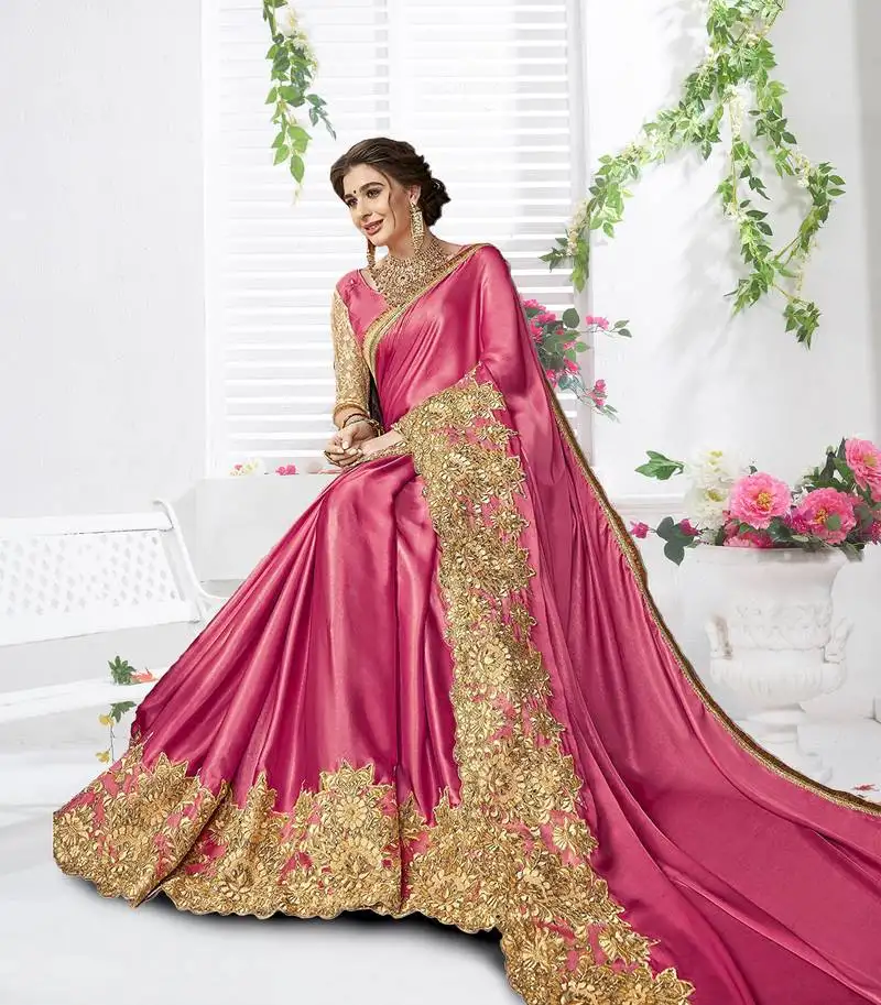 Pink embroidered lycra traditional wedding party wear bridal saree with blouse