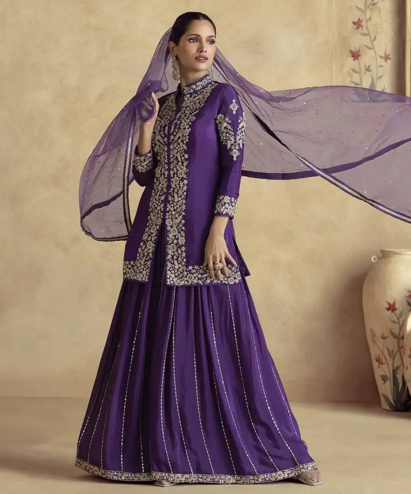 Purple embroidered palazzo suit stitched