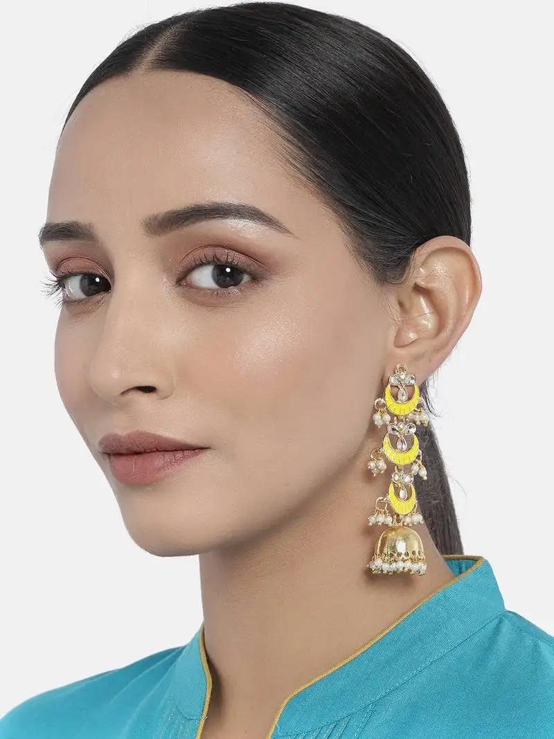 3 layered long jhumki earrings with yellow enamel glided with kundans & pearls