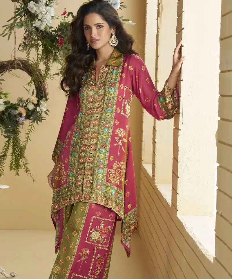 multicolor crepe hand mirror work co-ord set stitched