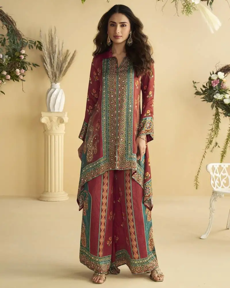 Designer crepe co-ord set with hand mirror work – multicolor indian ethnic outfit for all sizes stitched