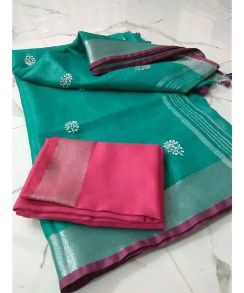 Blue handcrafted linen saree with small flower embroidery work