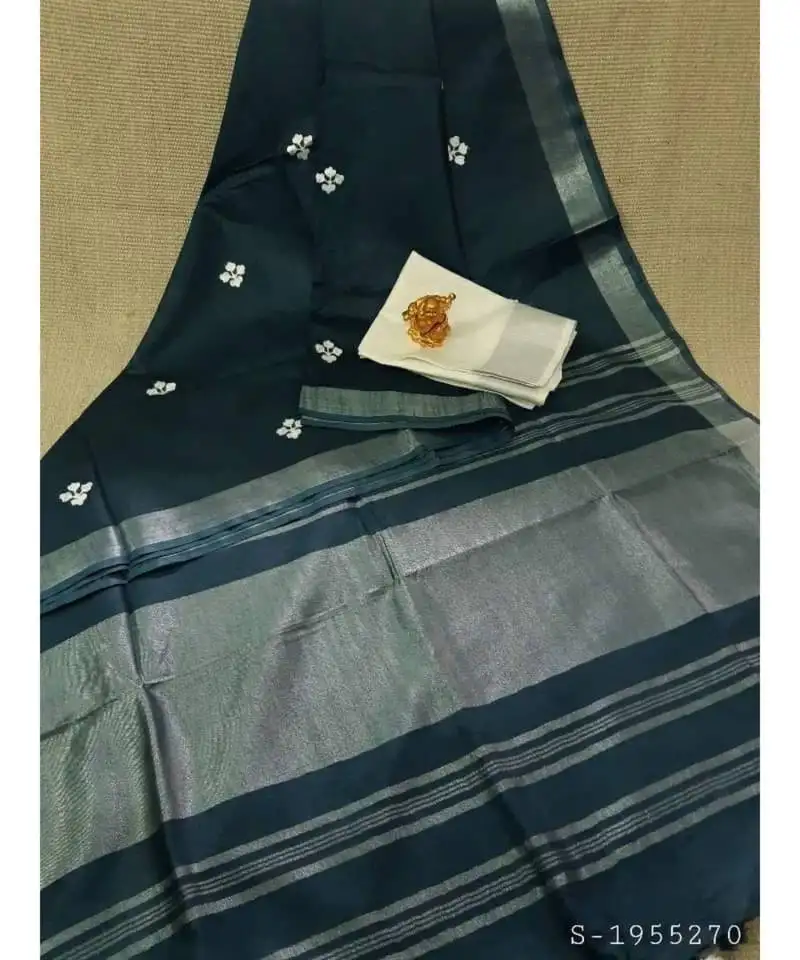 Black handcrafted linen saree with small flower embroidery work