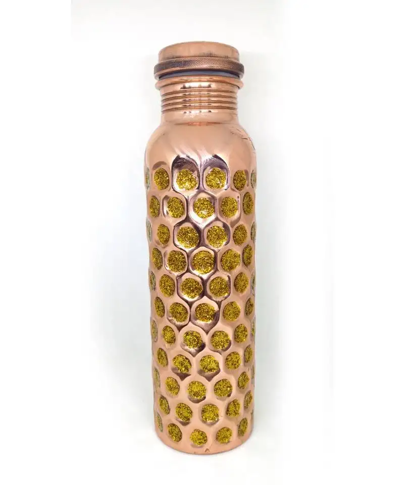 Pure copper hammered hand painted water bottle 950 ml :: 33 oz capacity new heavy lacquer coated (golden shine)