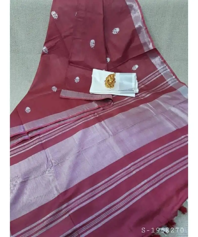 Multicolor handcrafted linen saree with small flower embroidery work
