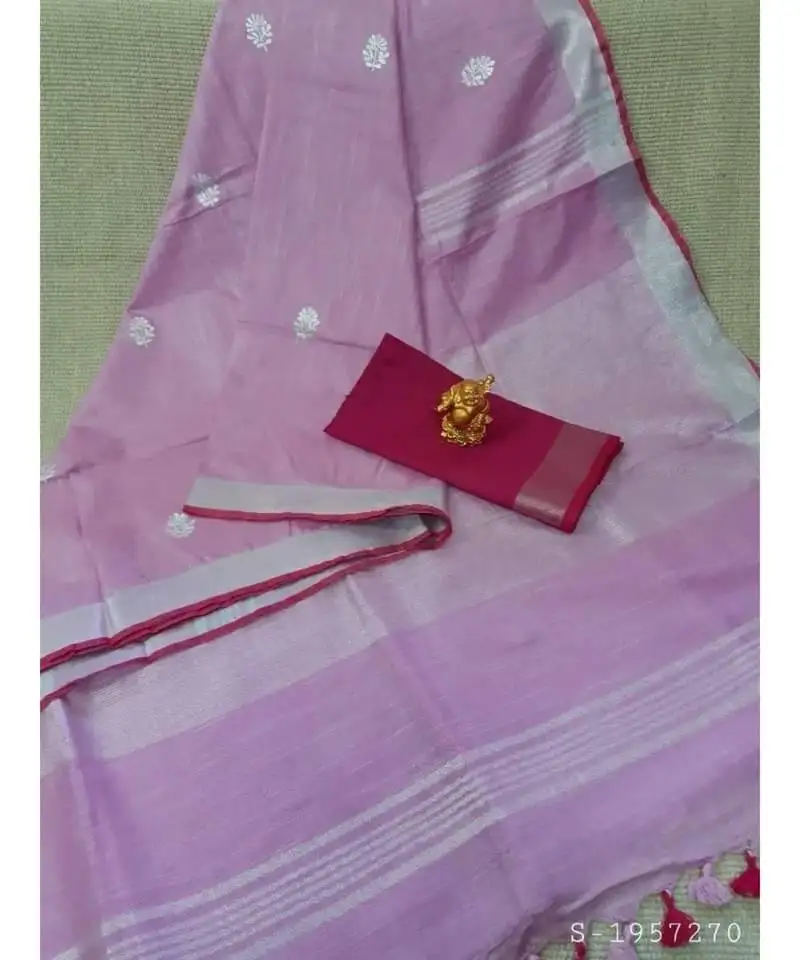 Purple handcrafted linen saree with small flower embroidery work