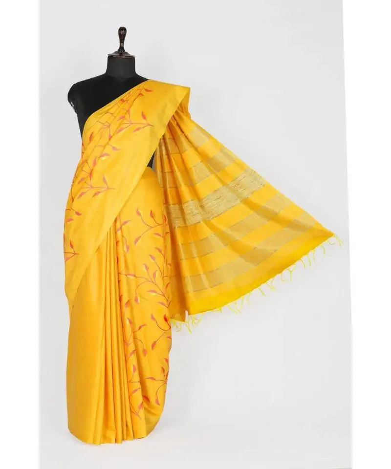 Yellow handloom bhagalpuri embroidered silk saree withembroidery work