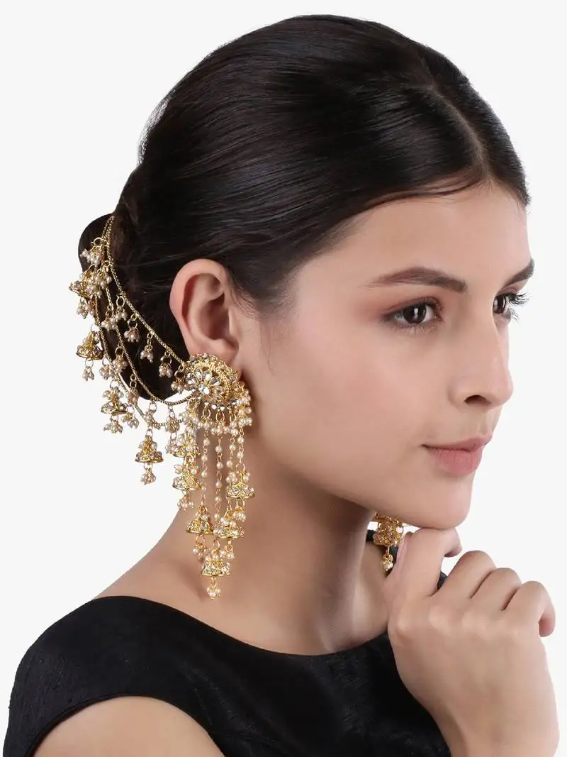 Pearl & kundan bahubali earrings with hair chain for women