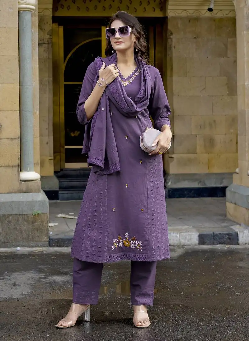 Ethnic embroidered pure cotton kurta with pent & dupatta
