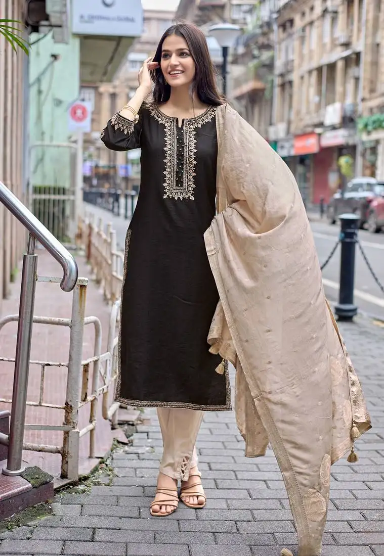 Women embroidered straight kurta with trousers & dupatta
