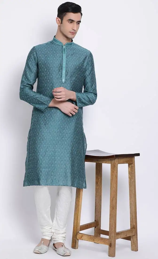 Mens deep green-coloured woven design straight kurta