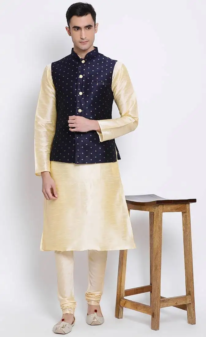 Men blue woven design nehru jacket