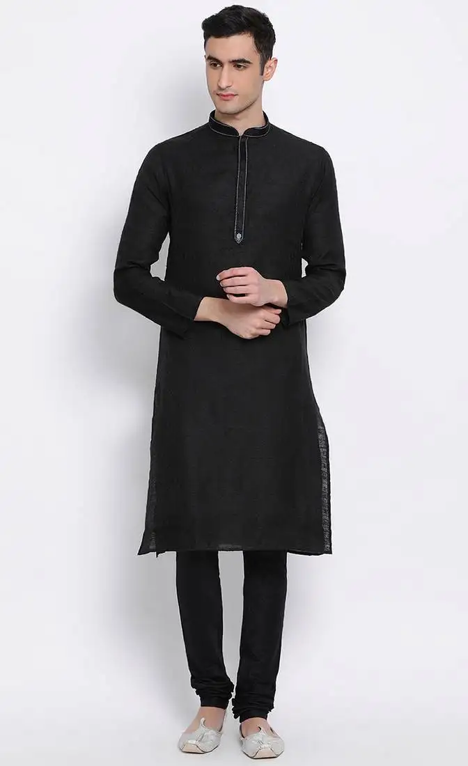 Mens black-coloured woven design straight kurta