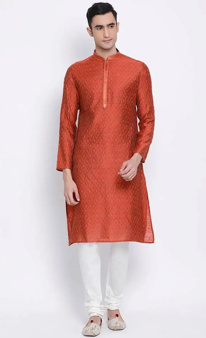 Mens rust-coloured woven design straight kurta