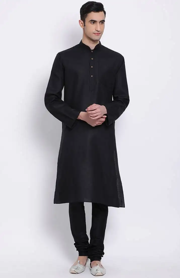 Mens black-coloured solid cotton straight kurta