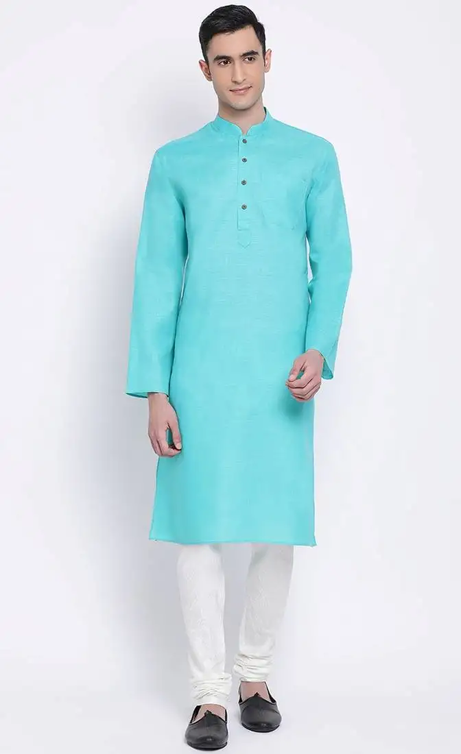 Mens sea green-coloured solid cotton straight kurta