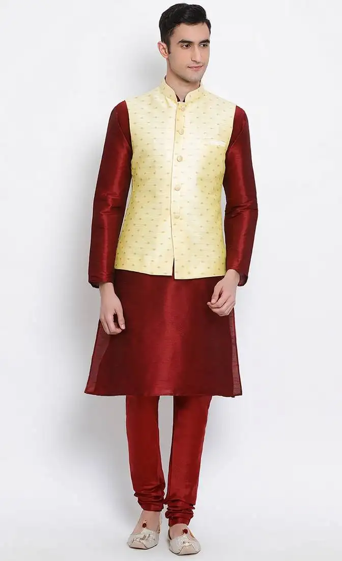 Men beige woven design nehru jacket