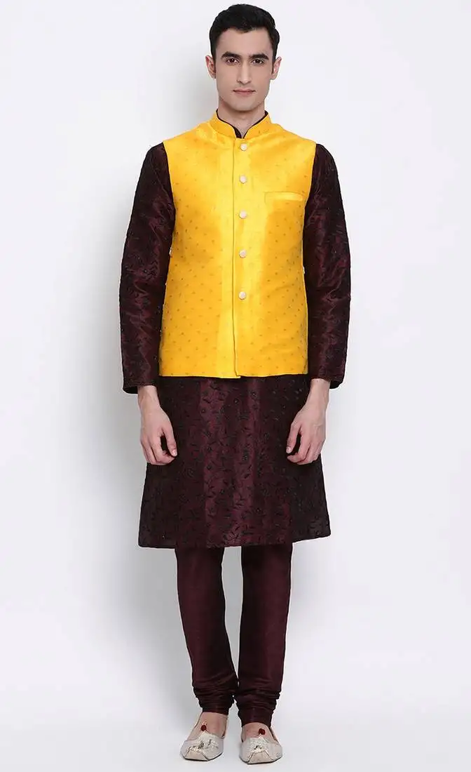 Men deep yellow woven design nehru jacket