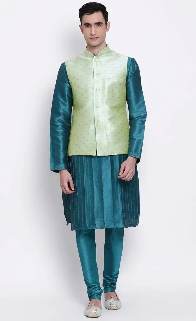 Men light green woven design nehru jacket