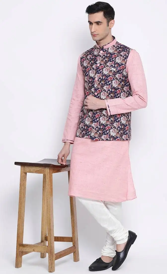 Men's pink plain kurta with pink nehru jacket
