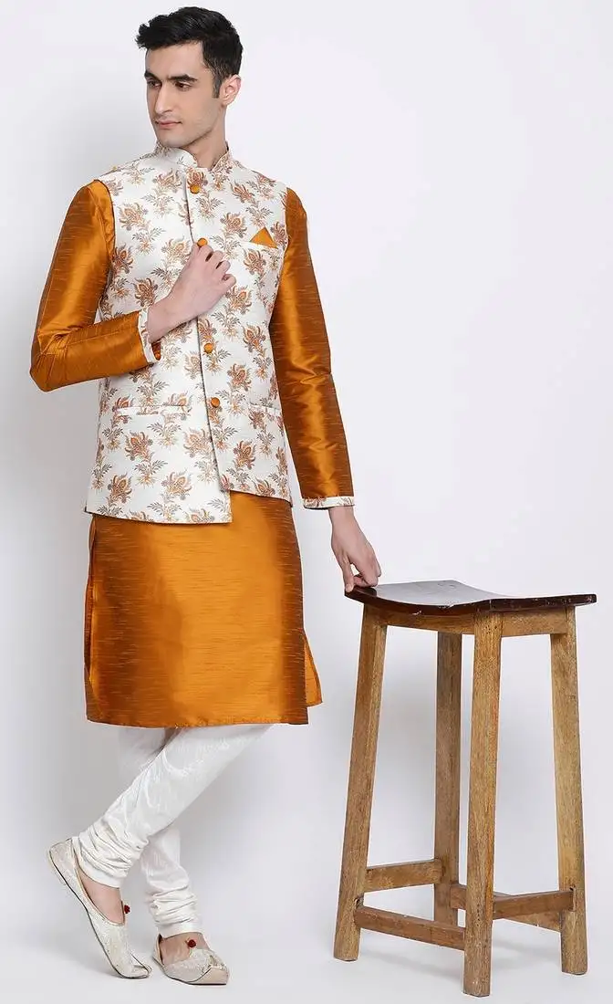 Men's orange plain kurta with off-white nehru jacket