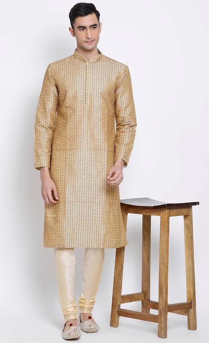 Mens beige-coloured woven design straight kurta