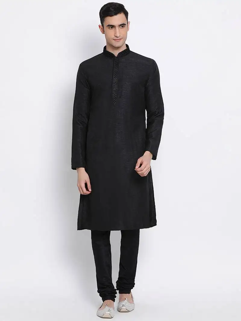 Mens black-coloured solid straight kurta