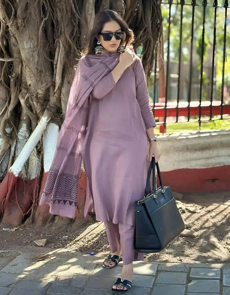 Purple cotton slub kurta set with printed dupatta