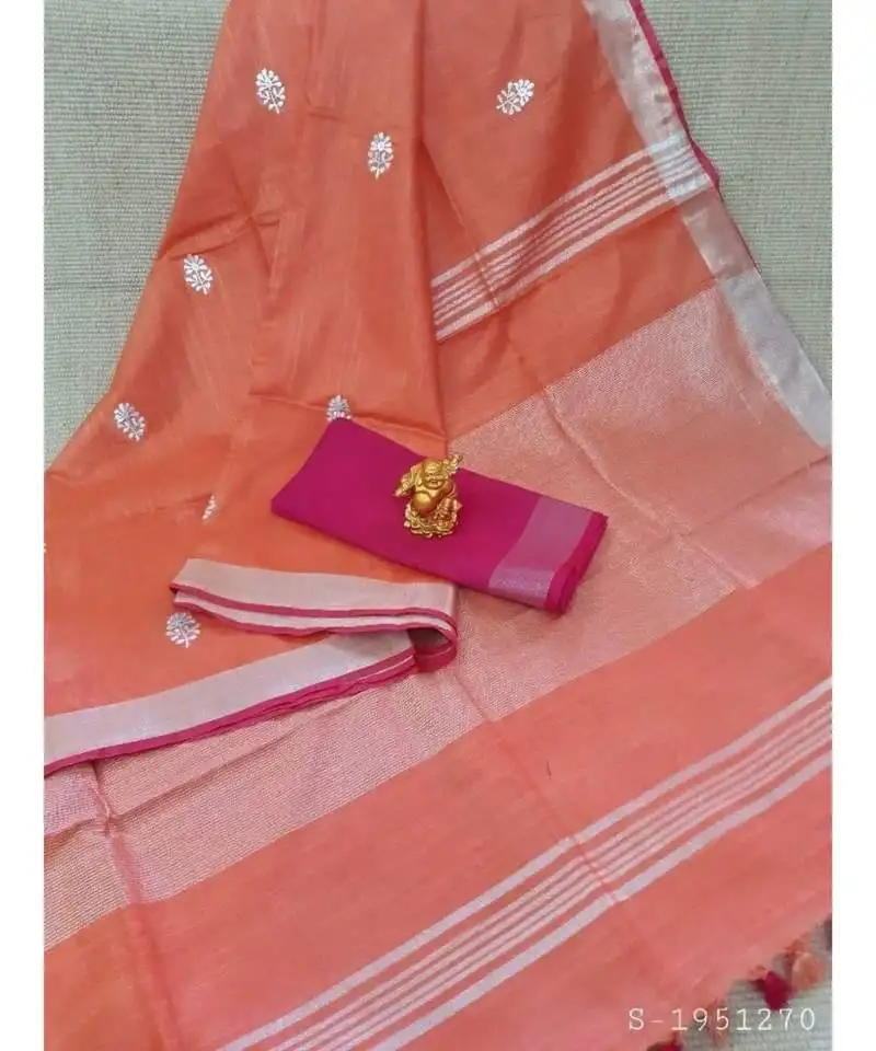 Cream handcrafted linen saree with small flower embroidery work