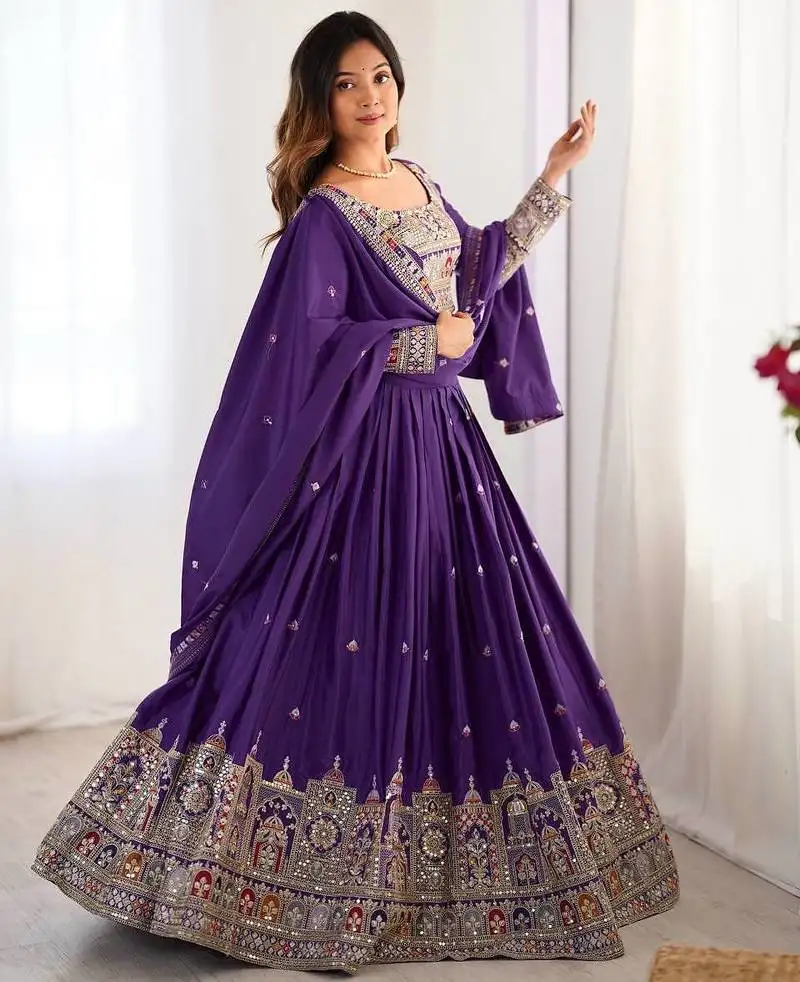 Purple silk coding dori sequin embroidery work lehenga choli with dupatta