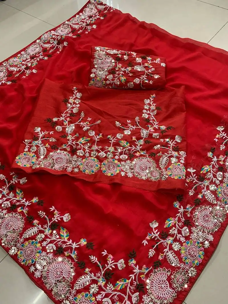 Red party wear soft rangoli art silk saree