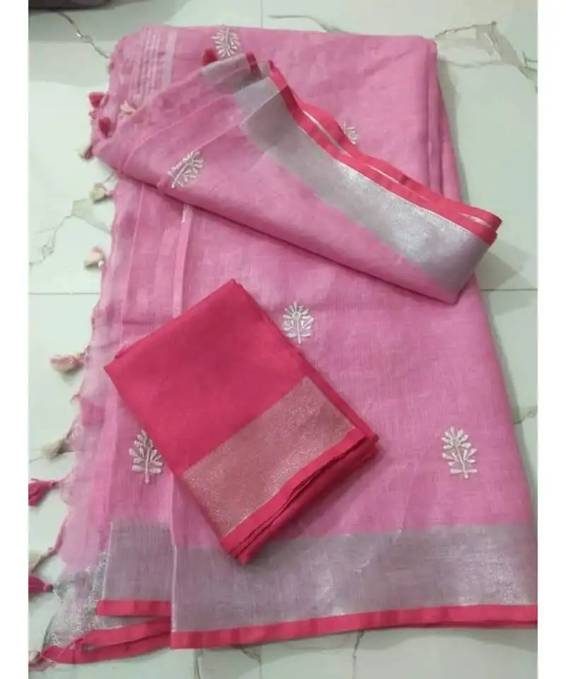 Pink handcrafted linen saree with small flower embroidery work