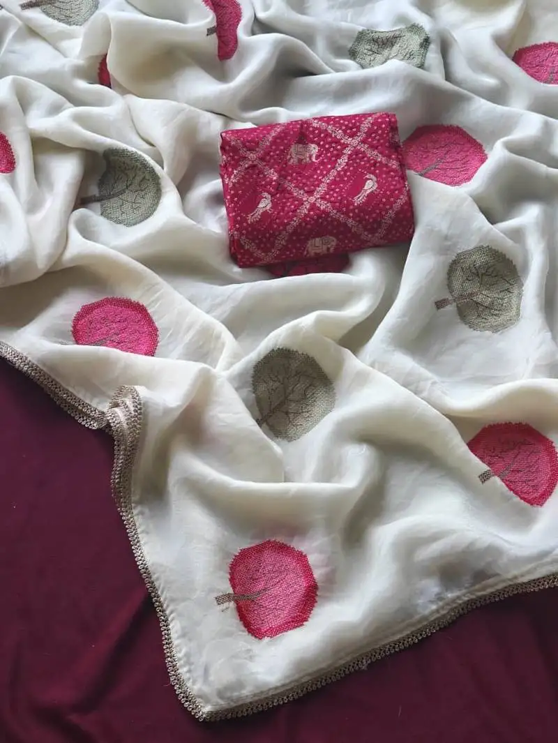 white satin georgate sarees with mapple mottifs embroidory all over saree with lace