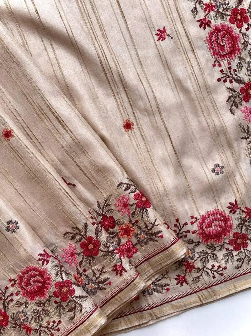 Beige loom tussar saree with all over designer embroidery