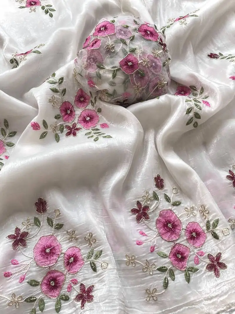 White crushed saree with beautiful flower embroidery on sarees with hand work