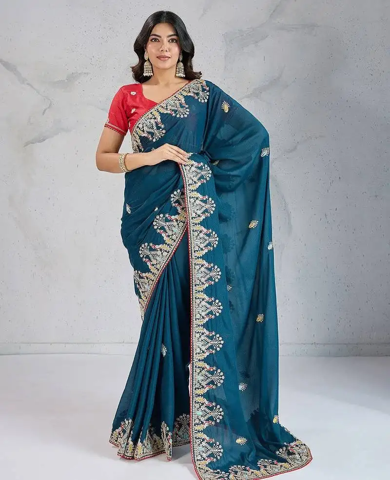 Teal blue party wear soft star georgette saree