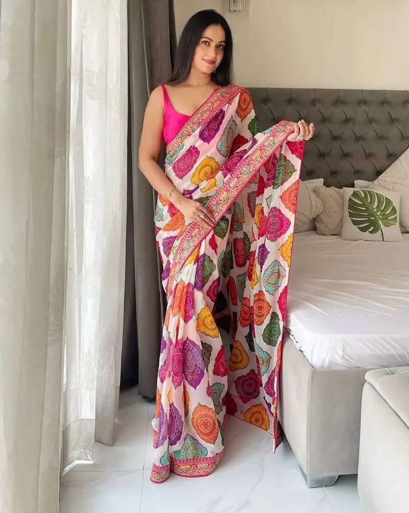 Multicolor party wear georgette bandhej saree