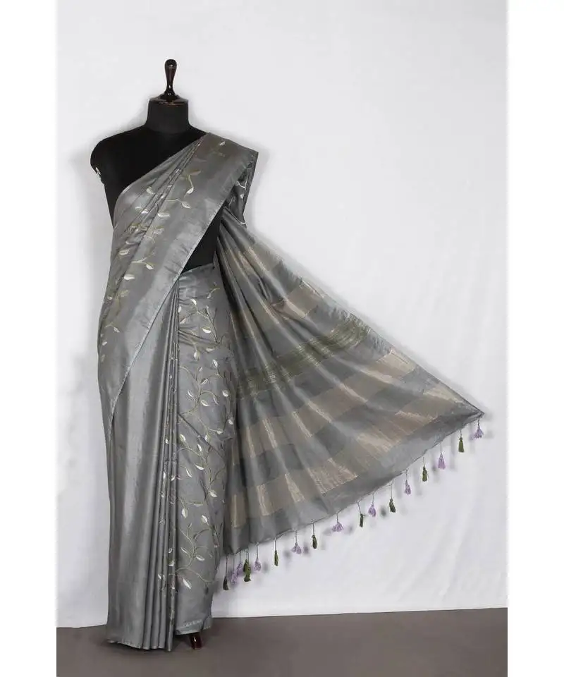 Grey handloom bhagalpuri embroidered silk saree with embroidery work