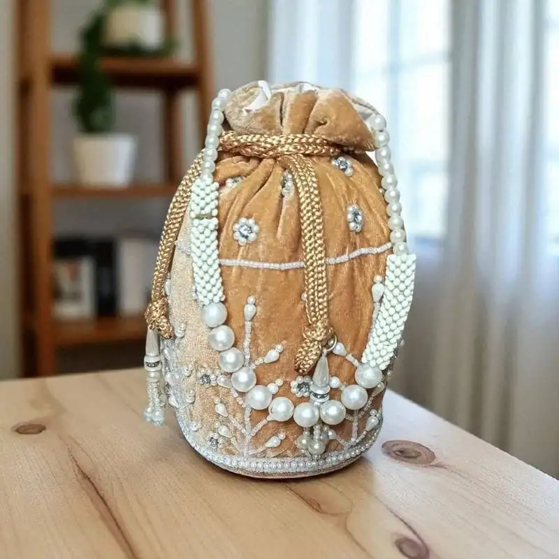 Premium golden velvet bridal potli bag for women | pearl beaded ethnic embroidered pouch |