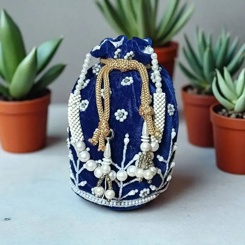 Royal beige velvet embroidered potli bag for women | handcrafted beaded bridal pouch for wedding,