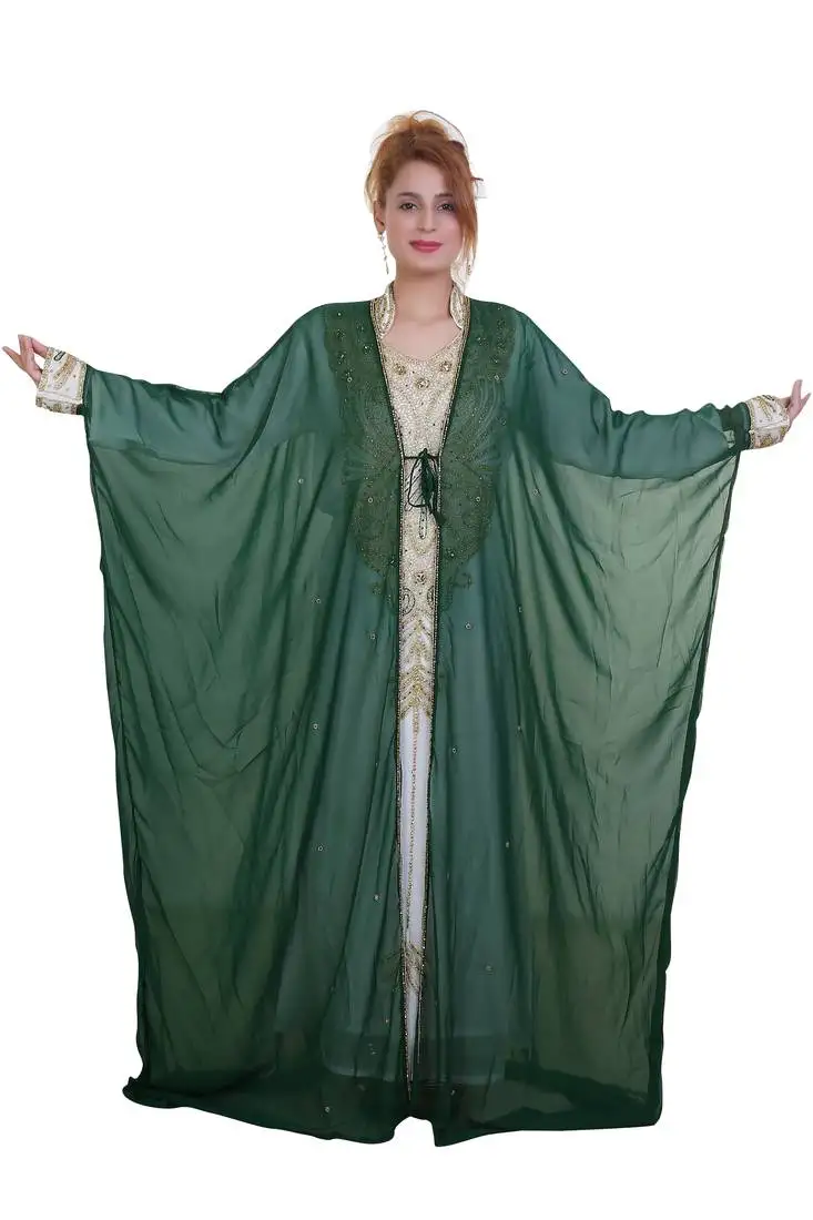 Green zari stone work georgette islamic style beads embedded partywear kaftan long gown evening wear dubai kaftan
