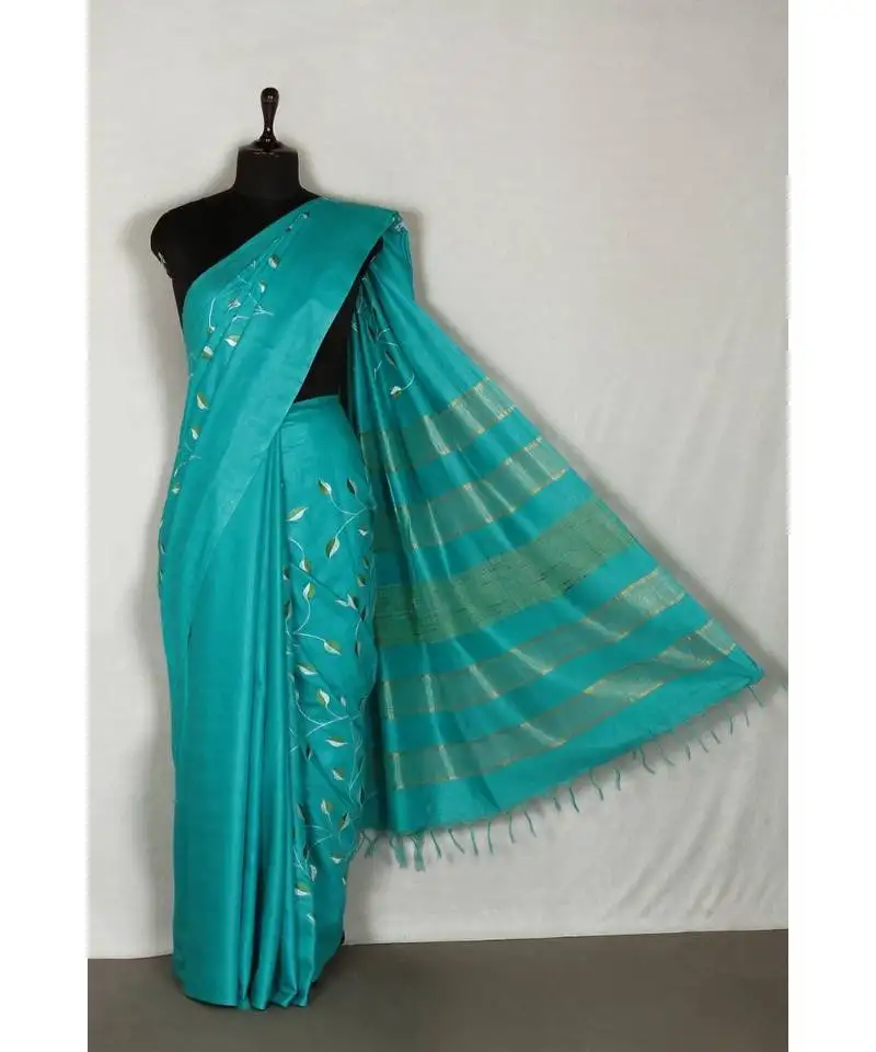 Blue handloom bhagalpuri embroidered silk saree with embroidery work