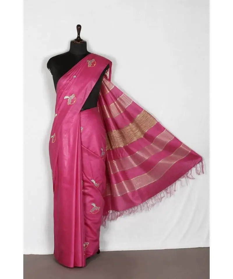 Pink handloom bhagalpuri embroidered silk saree with embroidery work