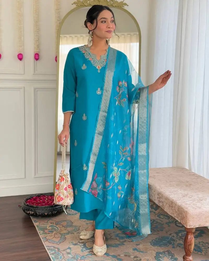 Women gorgeous viscose fabric embroidery work straight kurta, pant and dupatta set